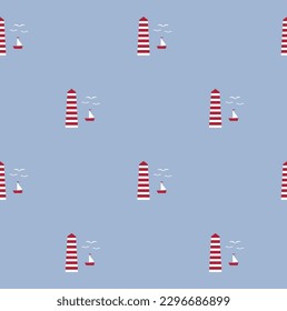 Cute seamless marine pattern design with boat and lighthouse. Vector illustration.
