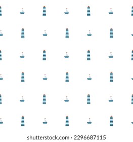 Cute seamless marine pattern design with boat and lighthouse. Vector illustration.