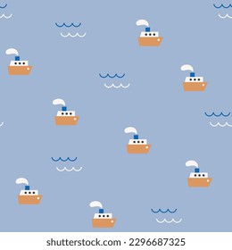 Cute seamless marine pattern design with boat and wave. Vector illustration.