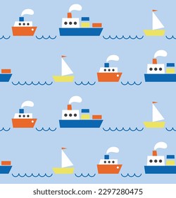 Cute seamless marine pattern design with boats. Vector illustration.