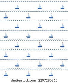 Cute seamless marine pattern design with boat. Vector illustration.