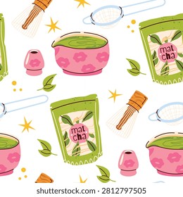 Cute seamless matcha pattern with Japanese green tea drinks, desserts, tea accessories and leaves. Trendy flat vector background for fabric, wrapping paper, stationery, wallpaper and textile design.