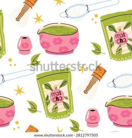 Cute seamless matcha pattern with Japanese green tea drinks, desserts, tea accessories and leaves. Trendy flat vector background for fabric, wrapping paper, stationery, wallpaper and textile design.