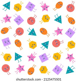 Cute seamless minimalistic pattern for kids products. Vector colorful illustration with geometrical cartoon figures on white background