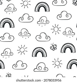 cute seamless monochrome pattern with hand drawn rainbows, clouds and suns on white background. Good for nursery room decor, prints, scrapbooking, stationary, kids apparel, wrapping paper, etc. EPS 10