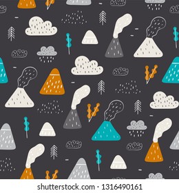 Rein nahtloses Gebirgsmuster. Nahtlose Landschaft mit Vulkanen. Ideal für Kinderbekleidung, Stoff, Textilien, Kindergartendekoration, Wickelpapier. Skandinavischer Stil. Dunkler Hintergrund.
