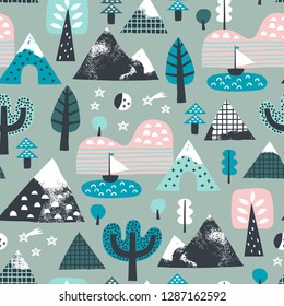 Cute seamless mountain pattern. Perfect for kids apparel, fabric, textile, nursery decoration, wrapping paper. Scandinavian style.
