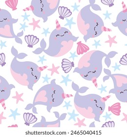 Cute seamless narwhal pattern design