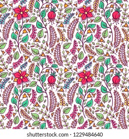 cute seamless natural background with chamomiles, berries and leaves