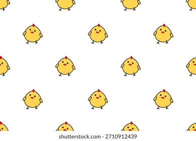 Lindo patrón natural sin fisuras, pollitos amarillos con cresta roja sobre fondo blanco. Animal, pollo en la granja. Pascua. Para Fondo de pantalla, textiles, embalaje, fondos y Sitios web. Diseño plano de la historieta.