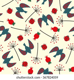 Cute seamless nature pattern with birdie, ladybug, rose hip, dandelion. Summer botanical illustration. Natural decorative background.