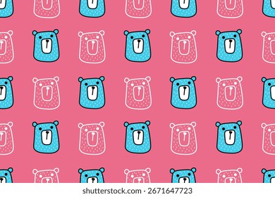 Padrão de natureza perfeita bonito, cabeça de urso azul e cabeça de contorno branco no fundo rosa. Vida selvagem, animal. Para papel de parede, têxtil, embalagem, fundo ou site. Design de desenho plano.