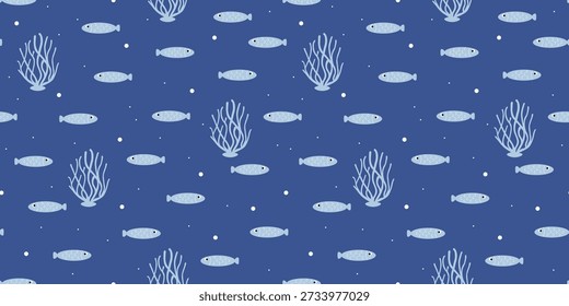 Cute seamless nature pattern, blue fish with white scales on blue background, algae and air bubbles. For wallpaper, textiles, packaging, backgrounds and websites. Flat cartoon design. Underwater world.