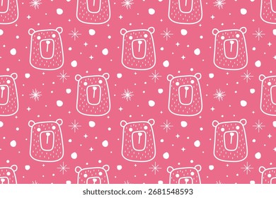 Cute seamless nature pattern, cartoon bear head and snowflakes on pink background. Winter holiday pattern.  For wallpaper, textile, packaging, background, website. Flat design in vector.