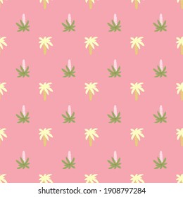 Cute seamless nature pattern with yellow and green colored palm ornament. Pink pastel background. Flat vector print for textile, fabric, giftwrap, wallpapers. Endless illustration.