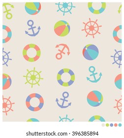 Cute seamless nautical pattern with anchor, lifebuoy, helm and ball