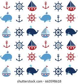 Cute seamless nautical pattern with boats and whales in red and blue colors for kids clothing, greeting cards and baby shower backgrounds