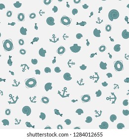 Cute seamless nautical theme pattern. Shell, lifebuoy, anchor.Wallpaper for season decoration, wrapping paper, clothing prints. Нand-drawn. Vector illustration.