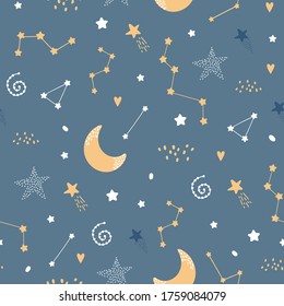 Cute seamless night pattern with stars, moon, clouds, constellations.  Background for the nursery. Printing on fabric, wallpaper, paper, textiles, clothing.