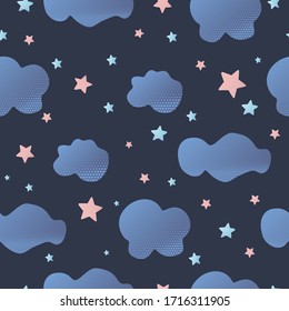Cute seamless night sky pattern with cartoon clouds. Vector illustration. Good for pattern fills, decoupage, textile, fabric, wrapping paper, decoupage