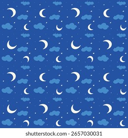 Patrón inconsútil lindo del cielo de la noche con la luna, las nubes y las estrellas para el diseño del bebé y de los niños

