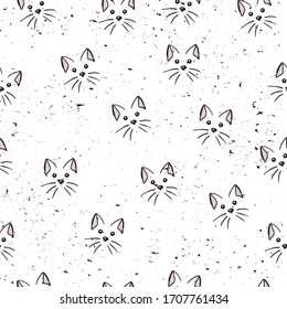 Cute seamless noisy pattern with doodle cat. May be used for surfaces and packaging. 