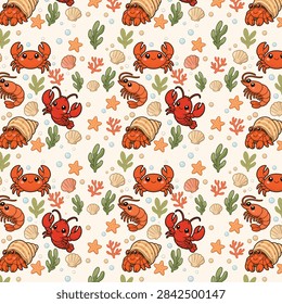 Cute seamless ocean pattern featuring adorable cartoon lobsters, crabs, shrimp, hermit crabs, seashells, coral, seaweed, starfish, and bubbles. Perfect for fabric, textile design, wrapping paper, wallpaper, stationery, packaging, children's products, nursery decor, and print-on-demand projects.