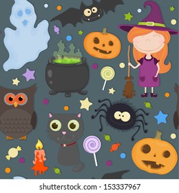 Cute seamless on the theme of Halloween with funny pumpkins, a ghost, a witch, a black cat, an owl etc