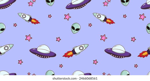 Cute and seamless on the theme of World UFO Day. Illustration with UFOs, aliens, spaceships, and stars. It can be used for wrapping paper, gift wrapping, textiles, etc.