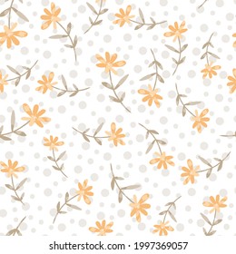 Cute Nahtlose orangefarbene Blumenmuster einzeln auf hellblauem Hintergrund. Design-Element für Textilien, Gewebe, dunkles Blumenfeld, nahtloses Muster, süße Blumen auf gepunktetem Hintergrund,
