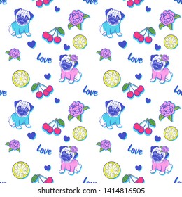 Cute seamless ornament with pugs,  lemons, cherry, roses, hearts, words on a white background. It can be used for packaging, wrapping paper, textile, cards and etc.