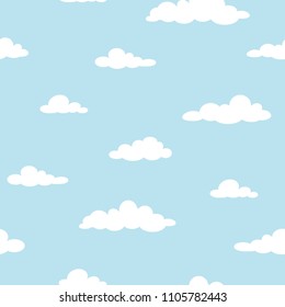 Cute seamless ornament with white clouds on powder blue background. Overcast pattern. Vector illustration. Cartoon weather wallpaper. Funny nature  backdrop.