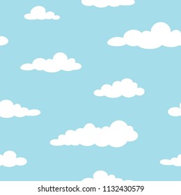 Cute seamless ornament with white clouds on powder blue background. Overcast pattern. Vector illustration. Cartoon weather wallpaper. Funny nature  backdrop.