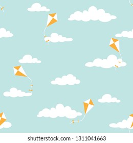 Cute seamless ornament with white clouds and kites on powder blue background. Overcast pattern. Vector illustration. Cartoon weather wallpaper. Fun, fantasy, inspiration  backdrop.
