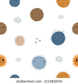 Cute seamless outer space pattern on white background. Childish hand drawn scandinavian style vector illustration.