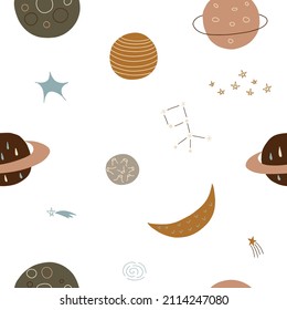 Cute seamless outer space pattern on white background. Childish hand drawn scandinavian style vector illustration.