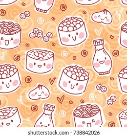 Cute seamless outline food pattern with characters: sushi, rolls, wasabi, flying fish roe, seaweed, soy sauce, hearts. Hand drawn backdrop texture for web, print and textile in cartoon style on orange