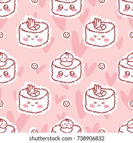 Cute seamless outline pattern with food characters: smiling sushi with googly eyes, rolls, wasabi, hearts. Hand drawn pink background texture design for web, print, textile. I love sushi