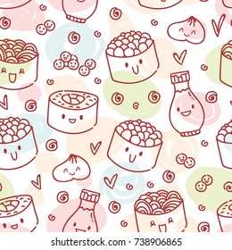 Cute seamless outline pattern with food characters: smiling sushi, rolls, wasabi, seaweed, soy sauce. Hand drawn colorful background texture design for web, print and textile in cartoon, doodle style