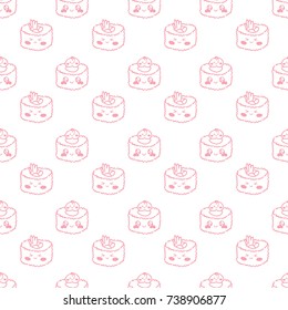 Cute seamless outline pattern with food characters: smiling sushi with googly eyes, rolls, wasabi. Hand drawn pink background texture design for web, print and textile in cartoon, doodle style
