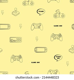 Cute seamless outline pattern in pixel game style. Colorful gamer template with gamepads, game slogans and gamer aesthetics. Flat cartoon vector illustration
