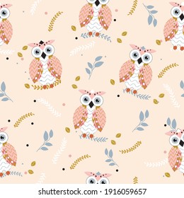 Cute seamless owls and flowers pattern.