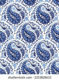 Cute seamless paisley pattern. Wavy blue and white background. The ornament is drawn in doodle style. Vector illustration.