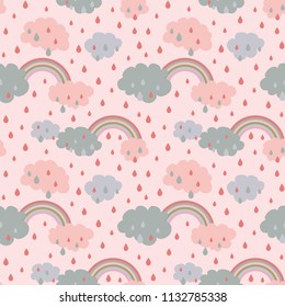 Cute seamless pastel pattern with clouds and rainbows. Perfect for baby clothing , both girls and boys. Also for wrapping paper or wallpaper designs.