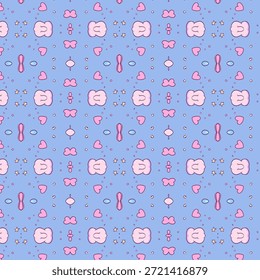 Cute seamless pastel pattern with hearts and playful icons, soft blue background, kawaii style, decorative texture, fun wallpaper design