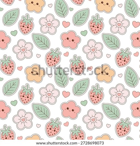 Cute seamless pastel pattern with kawaii strawberries flowers leaves and hearts in soft hand drawn style