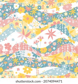 Cute seamless patchwork pattern with different floral ornaments. Print for fabric and textile. Beautiful design for blanket, plaid, curtains.