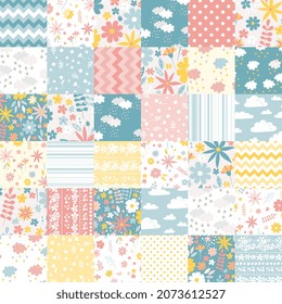 Cute seamless patchwork pattern from square patches with flowers, clouds, and geometric ornaments. Print for fabric. Quilt design for children room.