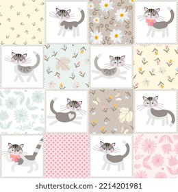 Cute seamless patchwork pattern from square patches with cats and flowers. Vector design