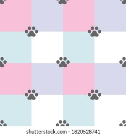 Cute seamless Patchwork quilt pattern with paw prints. Great for baby fabric, textile, nursery wallpaper. Childish vector background. Pastel Colors.